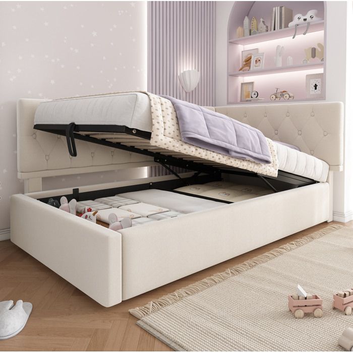 ULEVR Lit coffre 90 x 190 cm en velours beige sommier à lattes relevage hydraulique sans matelas