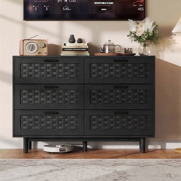 Commode 6 Tiroirs en Bois et Rotin - Buffet de cuisine - Meuble de Rangement Style Scandinave - Noir