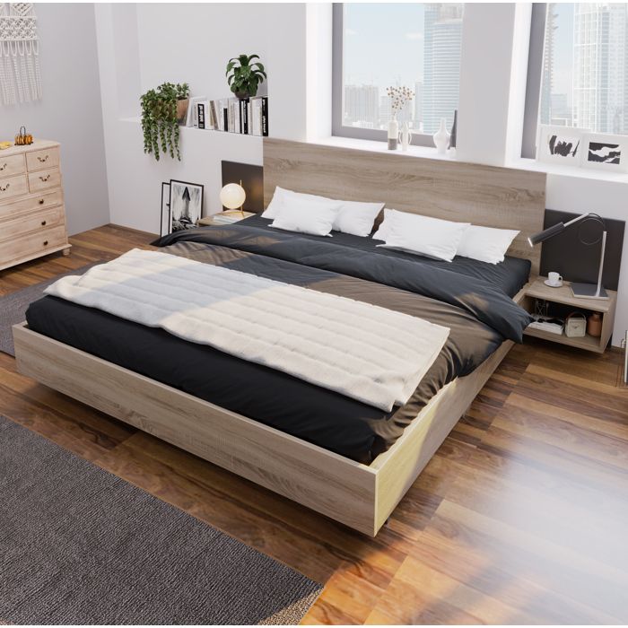 Lit Double 160×200 cm avec 2 Tables de Chevet sans Matelas Bois Massif et Panneau E1 Chêne Sonoma et Gris Foncé - UVRION