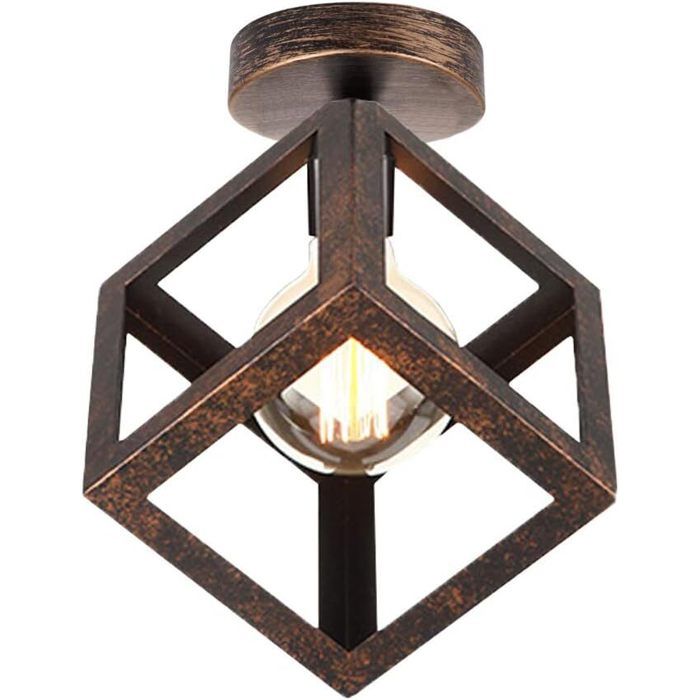 Plafonnier - SMOTOP - Métal rouille - Cage géométrique vintage - E27 1x 16×16 cm