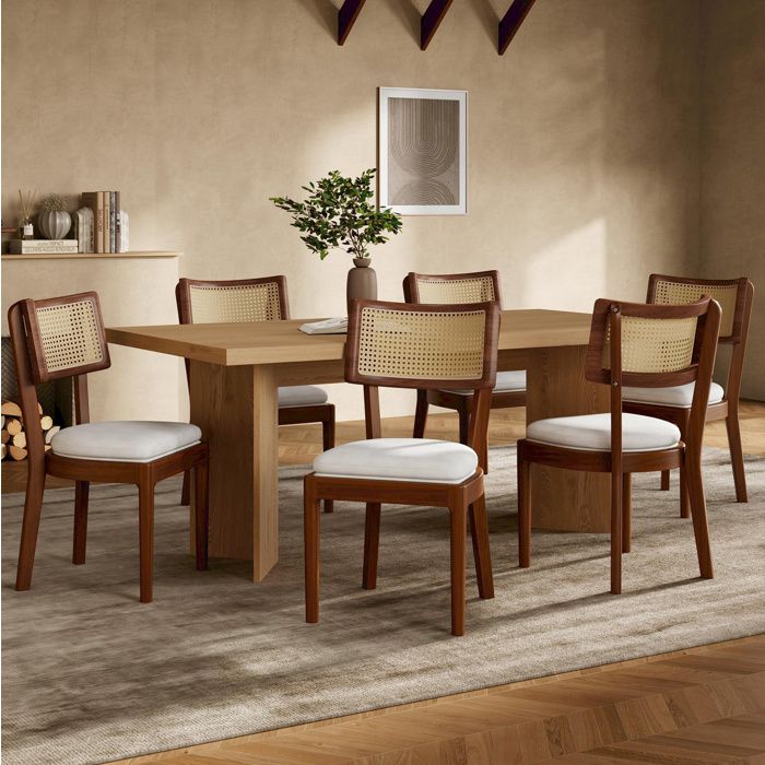 Lot de 6 chaises de salle à manger EVRYAE 50 x 58 x 88 cm dossier en rotin assise en lin style moderne noyer