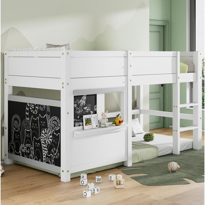 ULEVR lit mezzanine enfant 90 x 200 cm blanc en pin avec 2 panneaux ardoise etagere et echelle 3 marches