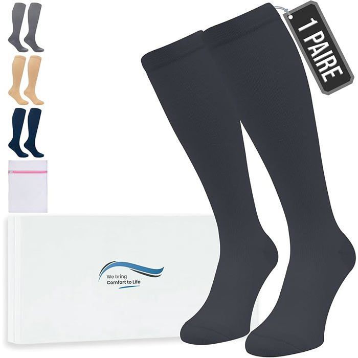 Bas de Contention - 1 Paire Couleur Unie Chaussettes de Compression Femme et Homme - Idéales pour Vols 1Paire-Noir XXL