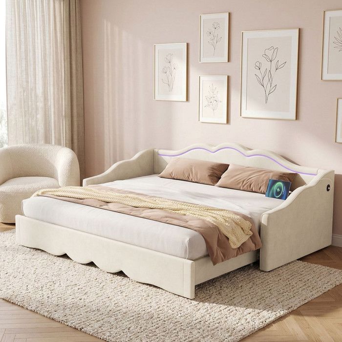 Canapé Lit 90x200 extensible jusquà 180cm Lit capitonné avec LED et port USB Canapé Convertible Velours Blanc(Sans Matelas)
