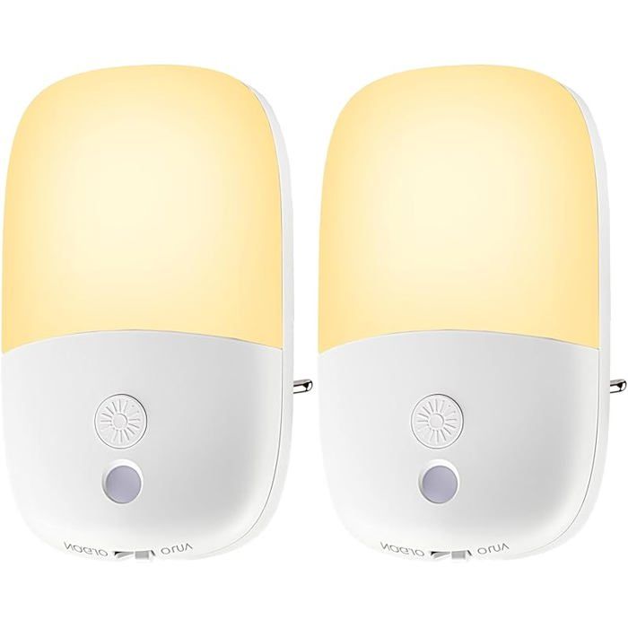 2 Pièces Veilleuse Veilleuse Prise Électrique avec 5 Niveaux de Luminosité Régble ON/OFF/AUTO Modes 2700K Jaune Chaud