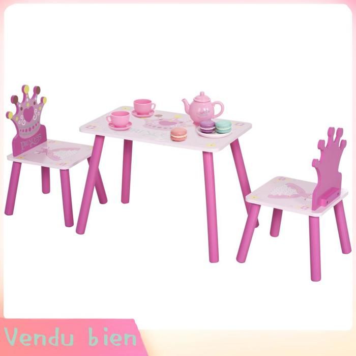 LIA Ensemble table+2 chaises enfant couronne bois massif rose