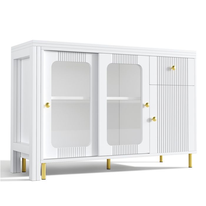 Buffet bas blanc à plateau extensible 122 x 80 cm – portes en verre trempé
