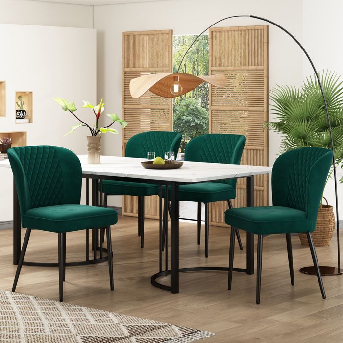 Ensemble salle à manger moderne - Table 140x80x75 cm - 4 chaises velours vert - Plateau MDF blanc - Pieds métal noirs