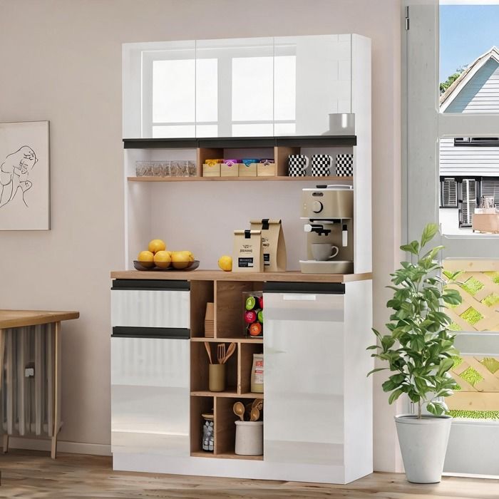 Buffet haut MDF blanc brillant 105x45x185 cm avec portes tiroirs et étagères réglables pour cuisine ou salle à manger