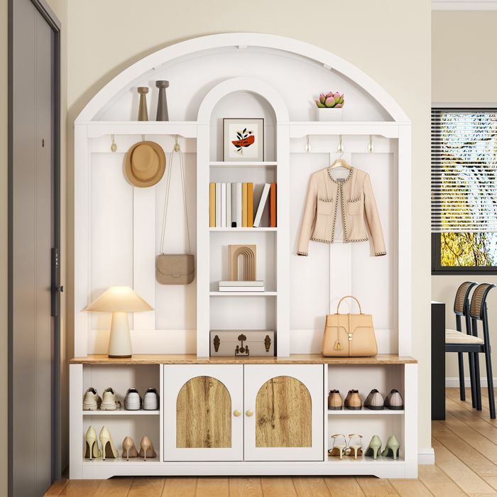 Meuble d’Entrée – armoire Dentrée avec étagère à chaussures tablettes et crochets Meuble vestiaire – 150x40x195cm Blanc