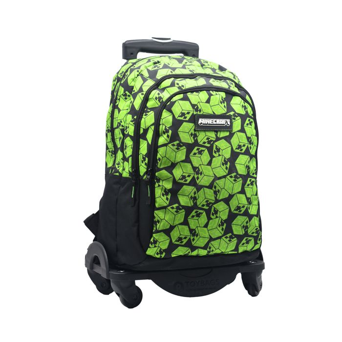 DAM Sac à Dos Primaire Minecraft Cubes Double Compartiment Adaptable + CHARIOT NOIR 4 roues pivotantes multidirectionnelles
