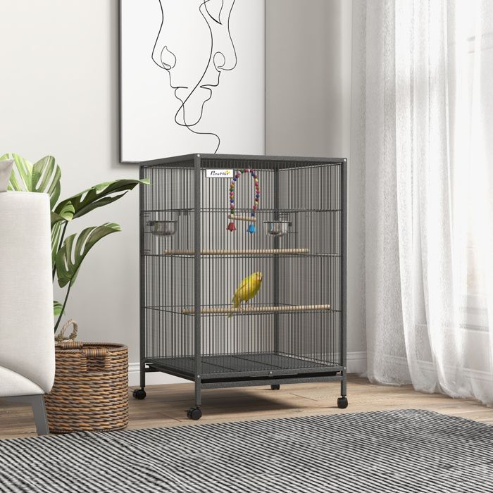Cage à oiseaux sur roulettes 48 x 46 x 78 cm gris avec mangeoires perchoirs balançoire étagère et plateau amovible