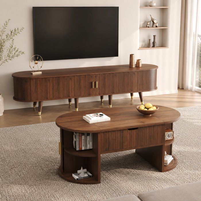 Ensemble de salon Maisentiel - table basse relevable meuble TV avec portes coulissantes et rangement - Noyer