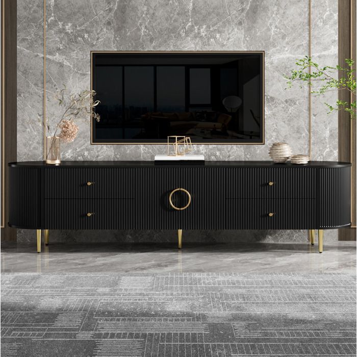 Meuble TV bas noir 180 x 40 x 53 cm en MDF structure nervurée 3D bords arrondis 4 tiroirs