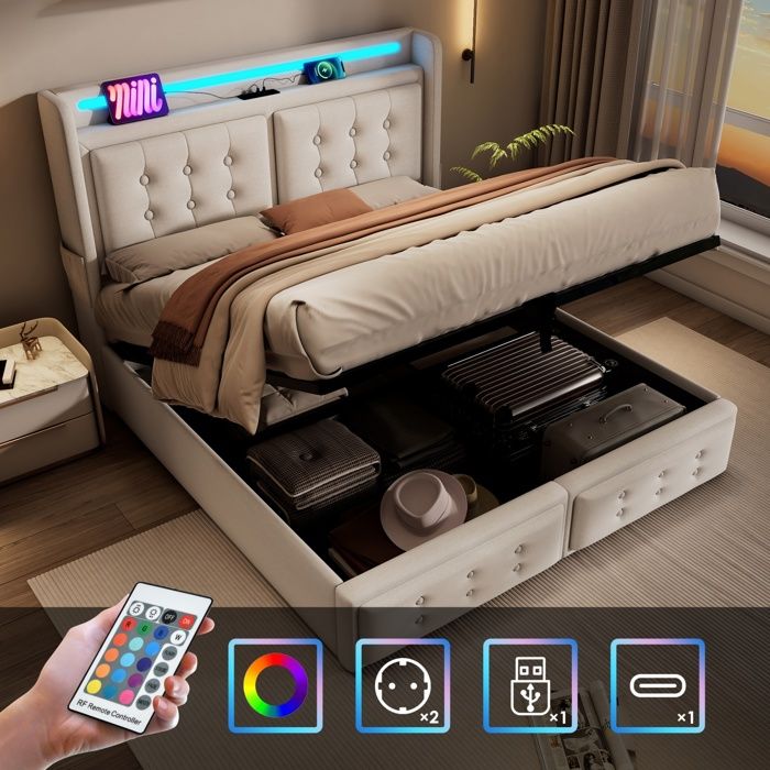 Bladez - Lit coffre Lit capitonné 2/3 places 180x200 cm Lit adulte avec LED USB-C hydraulique -Beige