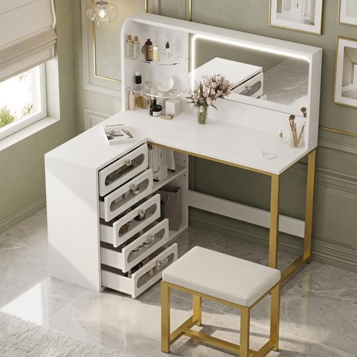 Coiffeuse avec miroir et LED 1 tabouret rembourré Eclairage réglable Coiffeuse dangle en L avec 5 tiroirs et 2 etagères Blanc