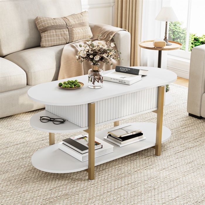 Table Basse Relevable - 106x45x50cm - Table Basse Transformable Salon avec Rangement Plateau Coulissant Moderne - Blanc