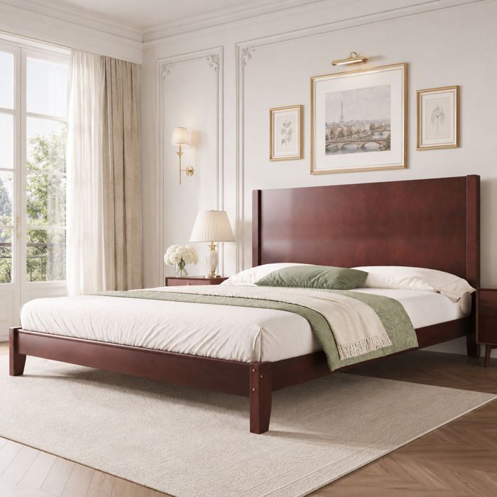 Lit Plateforme 180x200 cm avec Tête de Lit Intégrée - Sommier à Lattes en Bois et MDF Sans Matelas - Marron