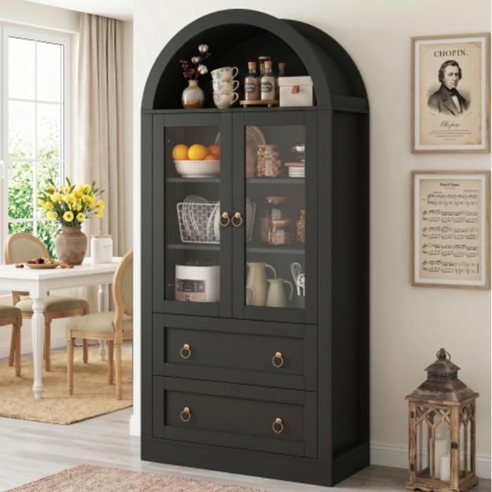 Armoire vitrine haute 80x36x170 cm avec 2 portes vitrées et 2 tiroirs meuble de rangement arqué noir