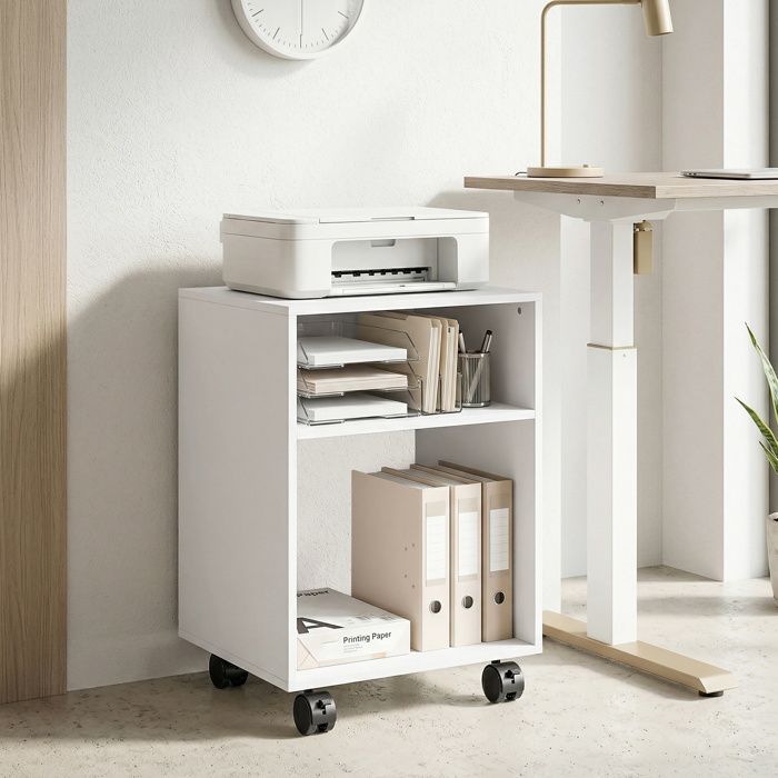 Meuble porte-imprimante en bois 40 x 35 x 55 cm blanc roulettes avec frein et 2 compartiments ouverts