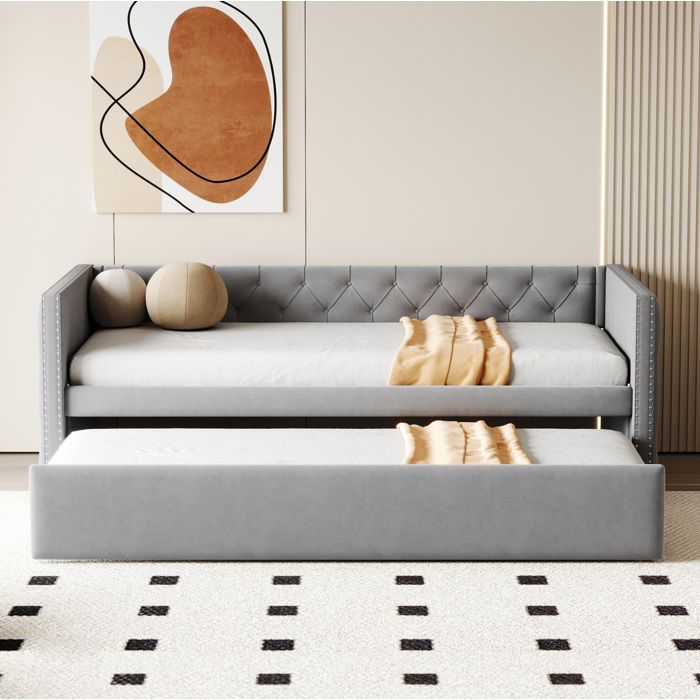 JOINERY Lit Gigogne Canapé Extensible 90 x 200 cm Velours Gris Clair Sommier À Lattes Inclus Couchage D Appoint Invité