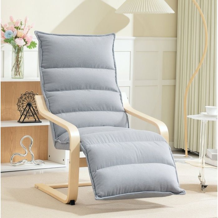 Fauteuil relax de lecture gris clair avec repose-pieds réglable 5 positions dossier haut accoudoirs aspect velours