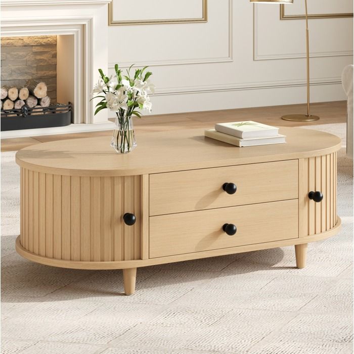 ROVRYN Table basse ovale 100 x 50 x 36 cm avec 2 tiroirs et portes tambour MDF aspect bois clair