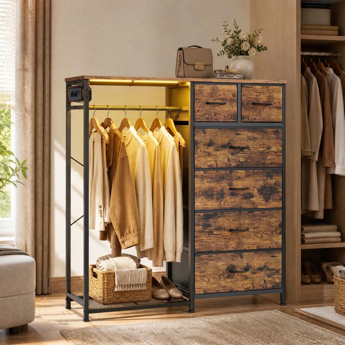 Commode 3 en 1 avec Portant à Vêtements 6 Tiroirs LED et Prises 102 7 x 35 x 117 6 cm Taupe Commode 3 en 1 avec Portant à Vêtements 6 Tiroirs LED et Prises 102 7 x 35 x 117 6 cm Taupe