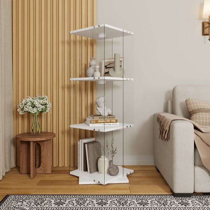 Vitrine tournante en verre avec LED - Vitrine en verre 3 etageres - Verre trempé - Verre vitrine de collection pour salon - Blanc
