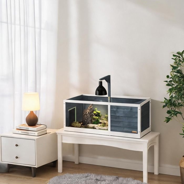 Enclos spacieux pour tortues en bois de sapin et acrylique 120x50x40 cm toit ouvrant et support lampe