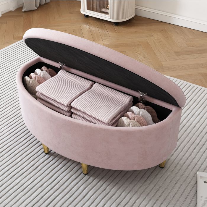 MEUBLIV Banc coffre en velours rose 90 x 40 x 42 cm assise rembourrée rangement intégré pieds métalliques