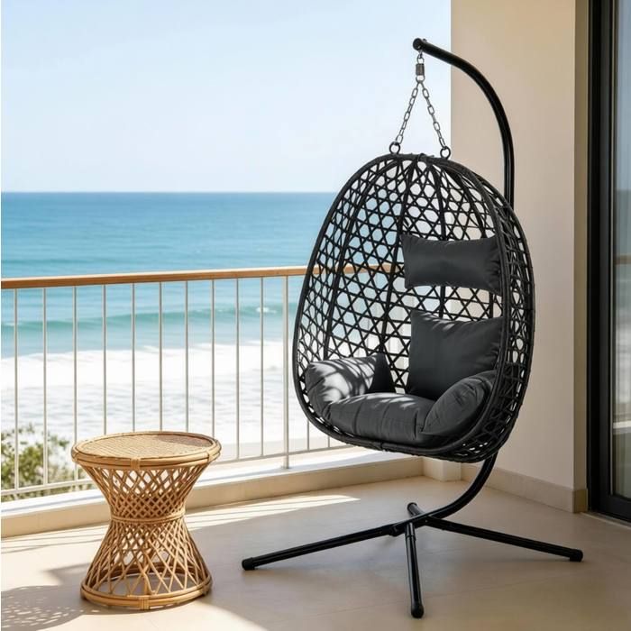 Fauteuil suspendu oeuf 1 place hauteur reglable 360 degres - BEAUNIV - coussins inclus rotin PE metal gris fonce