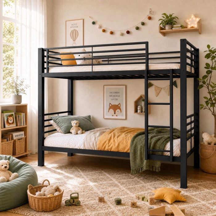 Lit superposé 90x200 cm convertible en 2 lits simples lit métallique silencieux avec sommier à lattes et échelle réversible noir
