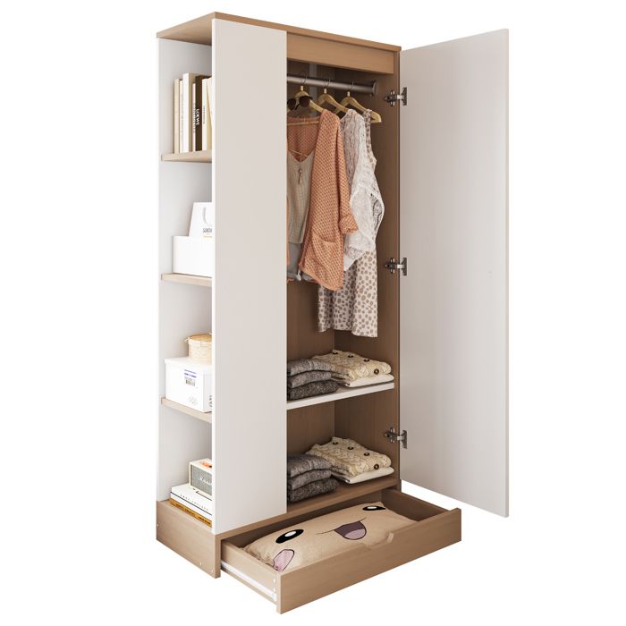 Armoire de Chambre Garde-Robe Penderie Meuble Rangement avec Porte et Tiroir 2 Étagères+4 Étagères Ouverte Placard Vestiaire Entrée
