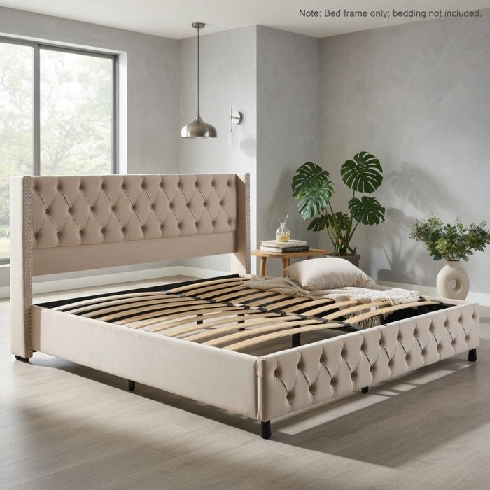 Lit rembourré Beige 180x200 Double Hydraulique Tête de lit rembourrée en flanelle Capitonné avec structure anti-salissure