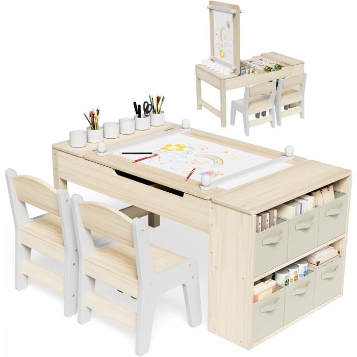 Table pour Enfant avec 2 Chaises Bureau Enfant en Bois Jaune Bureau avec Rangement pour Fille Garcon 3+ Ans