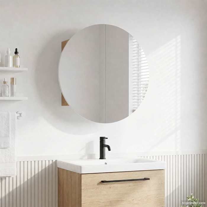Brun Armoire de salle de bain miroir rond et LED Chêne 47x47x17 5 cm - Meuble Rangement LV31235