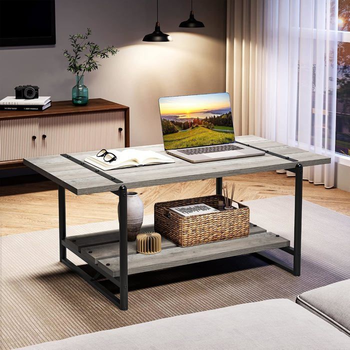 Table basse rectangulaire 2 niveaux–Bois gris rustique–Étagère de rangement spacieuse-Style industriel–pour salon ou bureau