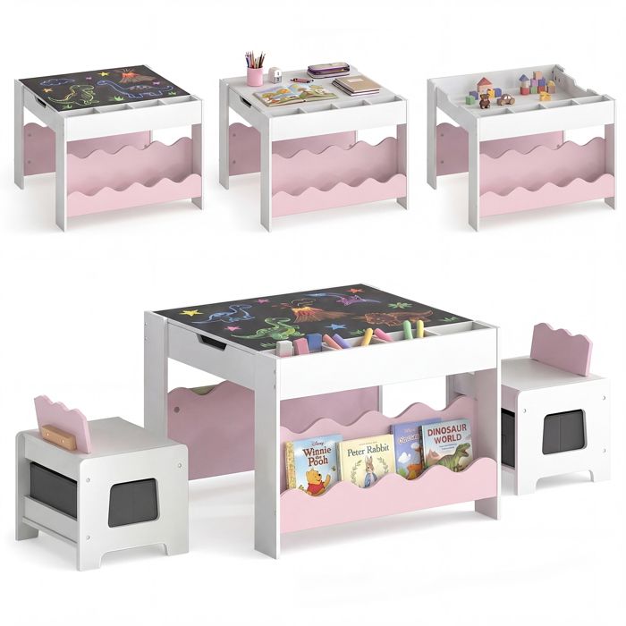 GIANTEX Table Enfant avec 2 Chaises Plateau Réversible Tableau Noir Bibliothèques Latérales Tiroirs en Tissu Amovibles Rose GIANTEX Table Enfant avec 2 Chaises Plateau Réversible Tableau Noir Bibliothèques Latérales Tiroirs en Tissu Amovibles Rose