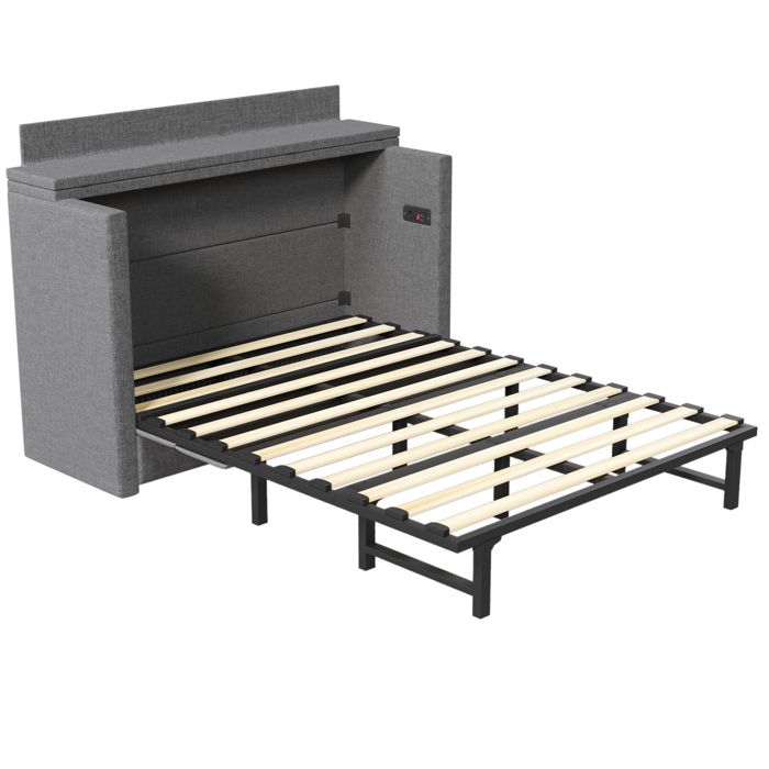 Lit escamotable mobile 140x200 cm gris en lin et MDF 1 tiroir étagère convertible ports USB et USB-C sans matelas