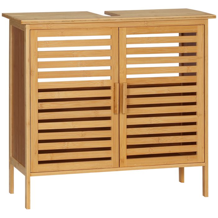Meuble sous vasque en bambou 2 portes 66 x 29 x 61 5 cm avec pied pour salle de bain
