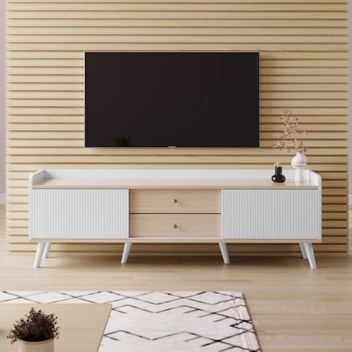 meuble tv, meuble de rangement, meuble d'appoint, porte coulissante, coloris blanc et bois naturel, 160*40*58 cm