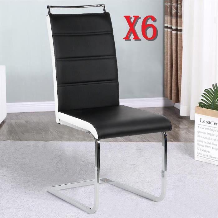 Chaises de Salle à Manger Leona - BILING - Noir/Blanc - Lot de 6 - Piètement chromé - Revêtement synthétique