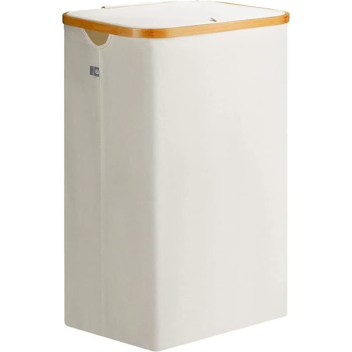 Coffre à Linge Avec Couvercle à Charnière 54L - Panier De Rangement MDF Blanc 30x30x61cm, Support Métallique, Poignées