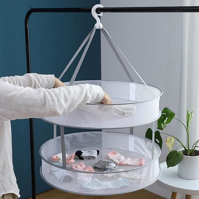 Filet De Séchage Suspendu Pliable - Double Étage Tournant 360°, Grand Capacité (Ø45cm) - Pour Linge, Herbes, Fruits - Gain De Place