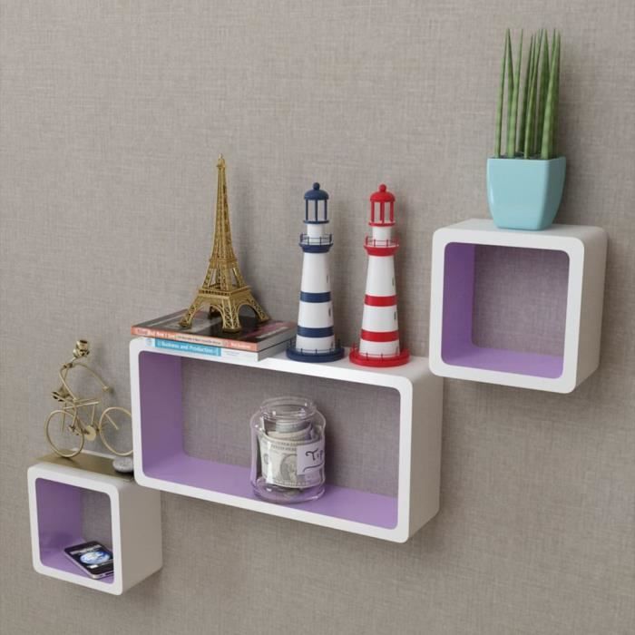 MVS 3 Etagères cubes murales et en MDF Blanc-Violet pour DVD-Livres ®Contemporain®XPHWAO®