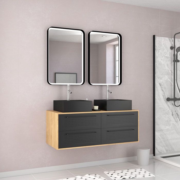 Pack meuble de salle de bain - 120x45 + 2 Miroirs LED 80x45 + 2 vasques carrées noire mat - UBY 120