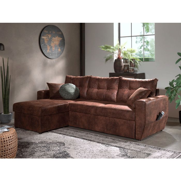 Canapé D'angle VENASI MÖBEL Luna XL - Convertible En Lit, Tiroir Rangement, Velours Côtelé Marron, Design Moderne