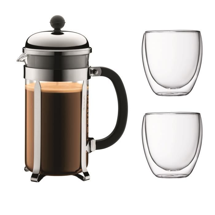 BODUM CHAMBORD Set cafetière à piston 8 tasses Avec 2 verres double paroi Pavina