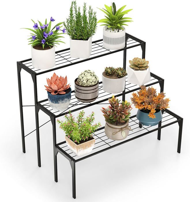 COSTWAY Étagère Plantes en Métal à 3 Niveaux 85 x 65 x 66 CM Porte Plantes/Étagère Échelle à Fleurs pour Intérieur/Extérieur
